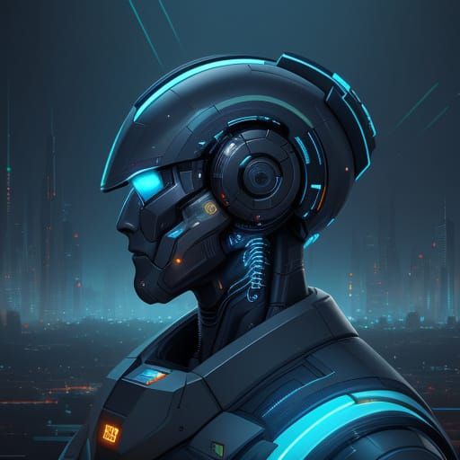 Futuristic Cityscape with Machines and Holograms