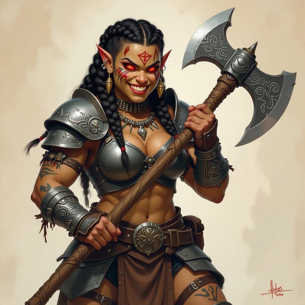 Muscular Orc Warrior Woman with Great Axe
