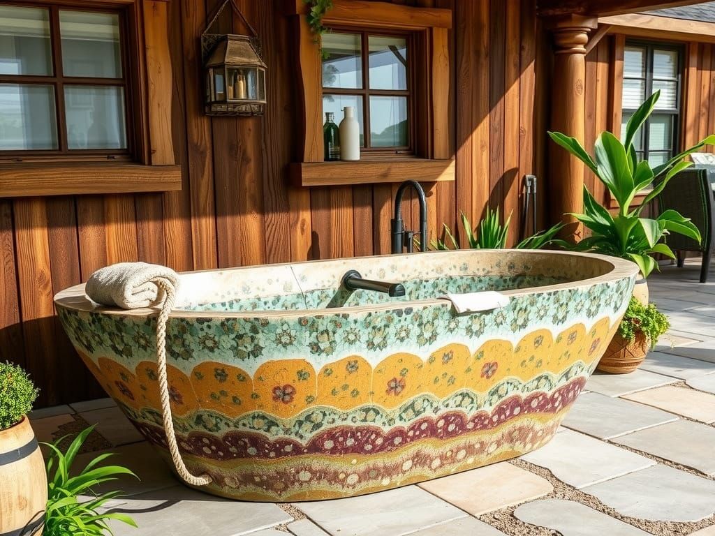 Rustic Floral Quartz Bathtub in Outdoor Bathroom