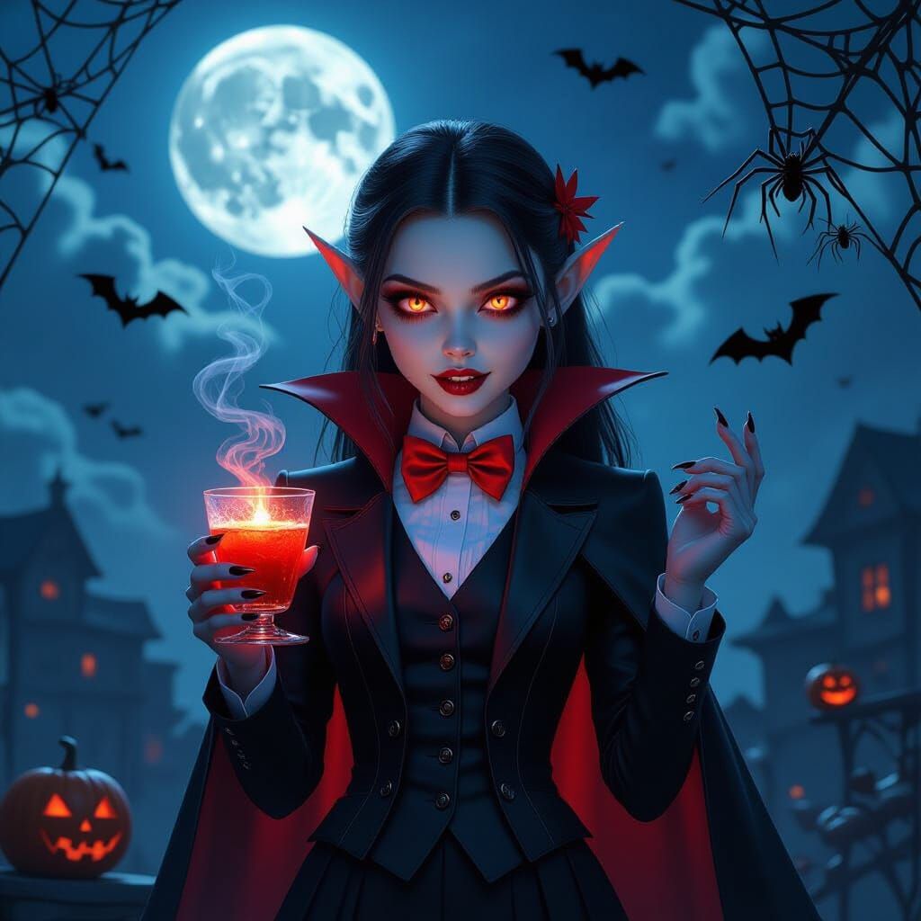 Teenage Vampire Girl in Black Suit with Glowing Eyes