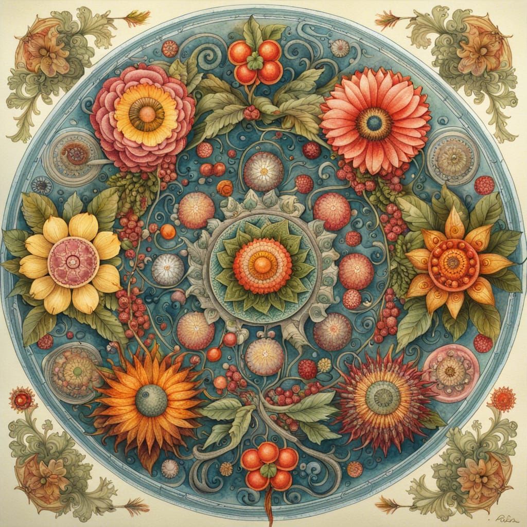 Floral Mandala with Fantastical Creatures in Gouache Waterco...