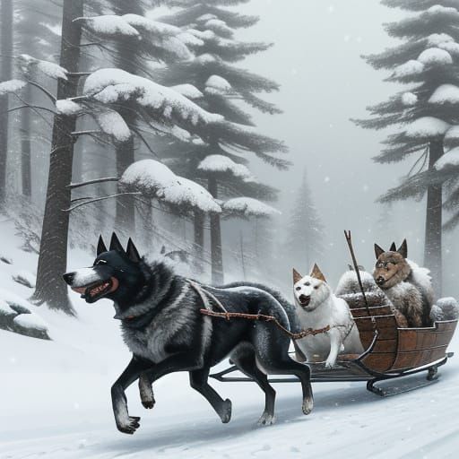 Dogs Pulling Sled Through Snowy Forest