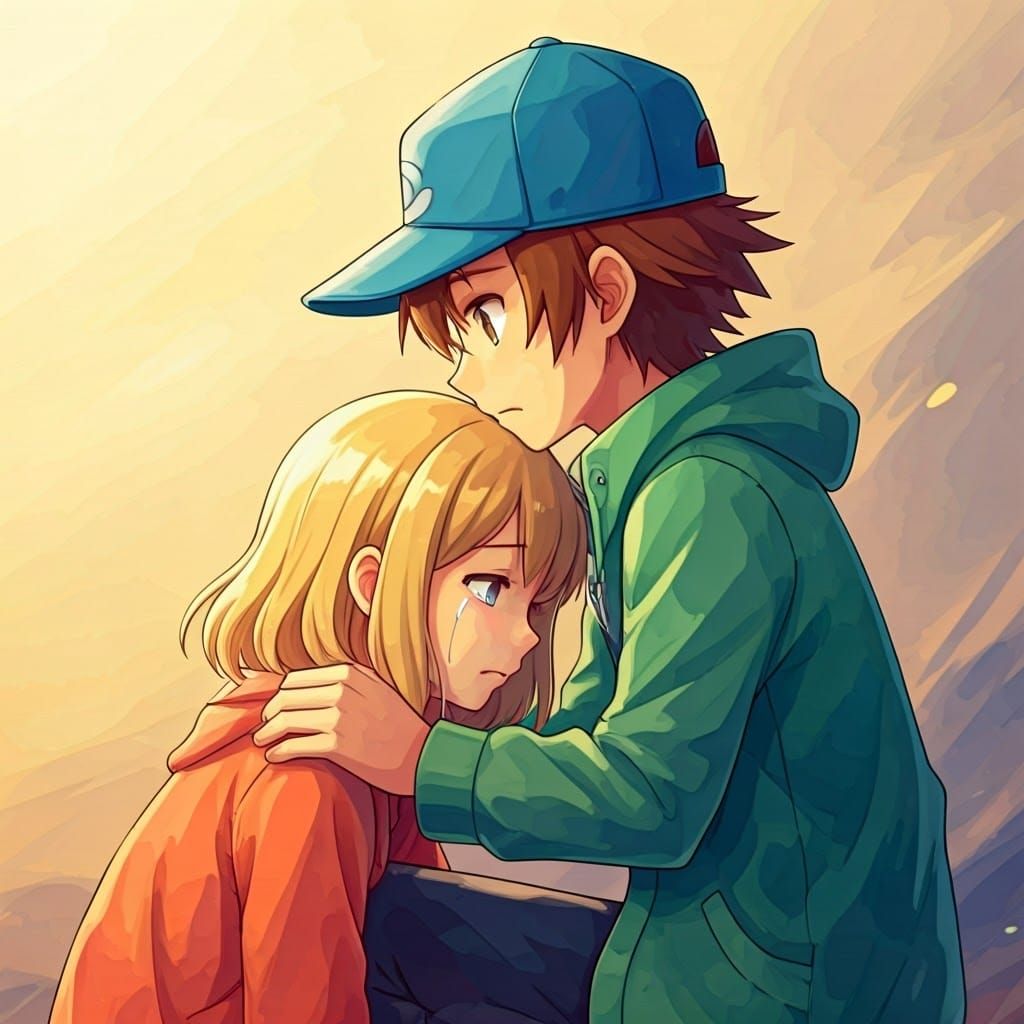 Pokémon Trainer Comforts Crying Girl: Anime-Inspired Art