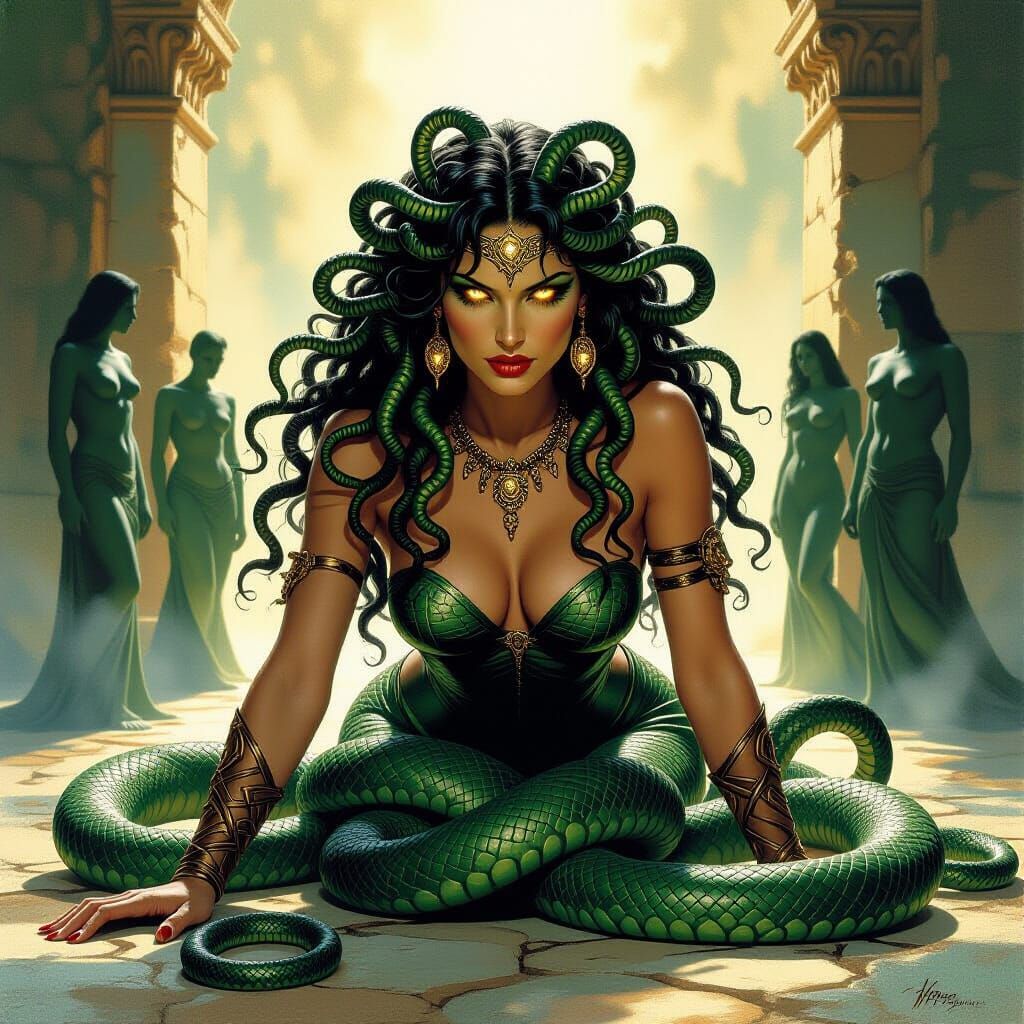 medusa—a snakelike woman with snakes for hair and glowing ey...