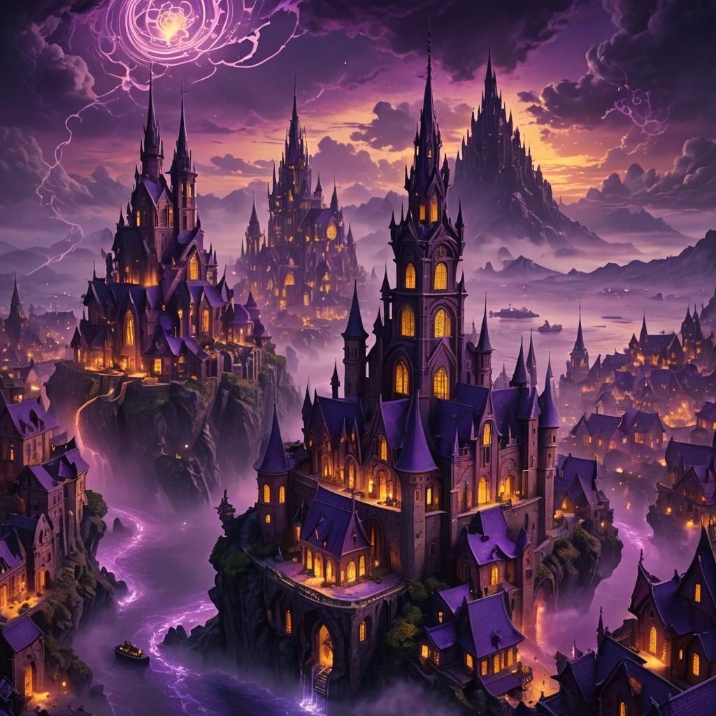Magical Town with Glowing Spires in Deep Twilight