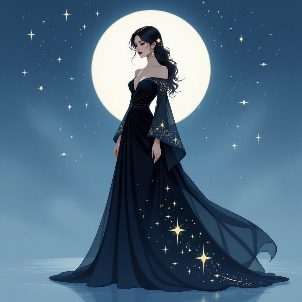 Flowing Black Gown with Glowing Stars in Dreamy Style