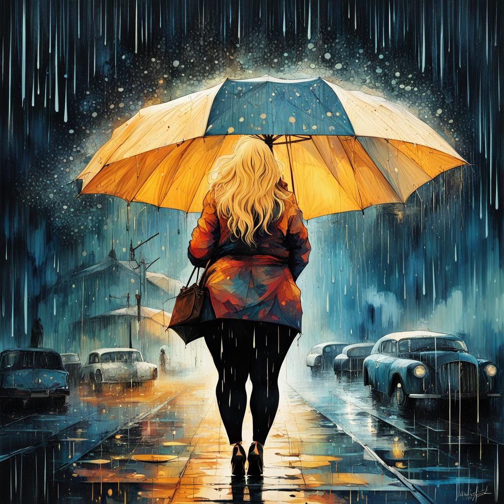 Plus Size Woman in Rain, Surreal Hyperrealism