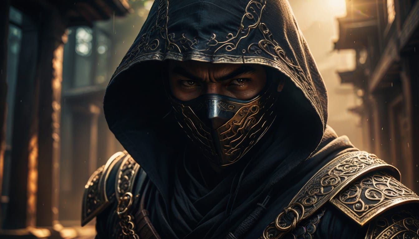 High-Contrast Digital Portrait of a Hooded Ninja