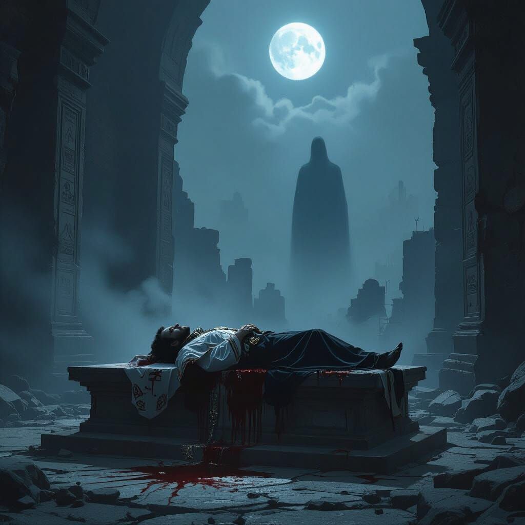 Priestly Figure in Dilapidated Temple, Digital Art