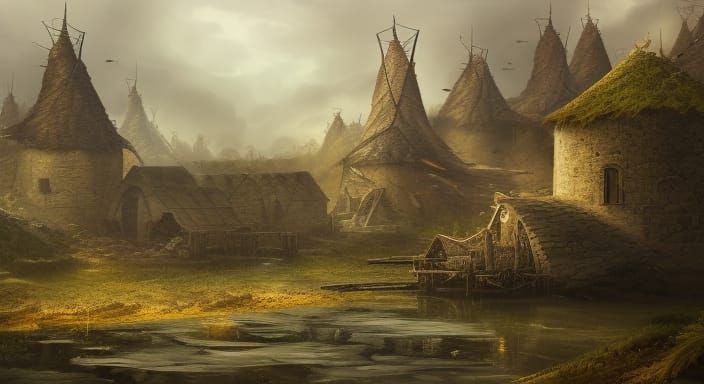 Medieval Military Camp in Rocky Landscape, Fantasy Art