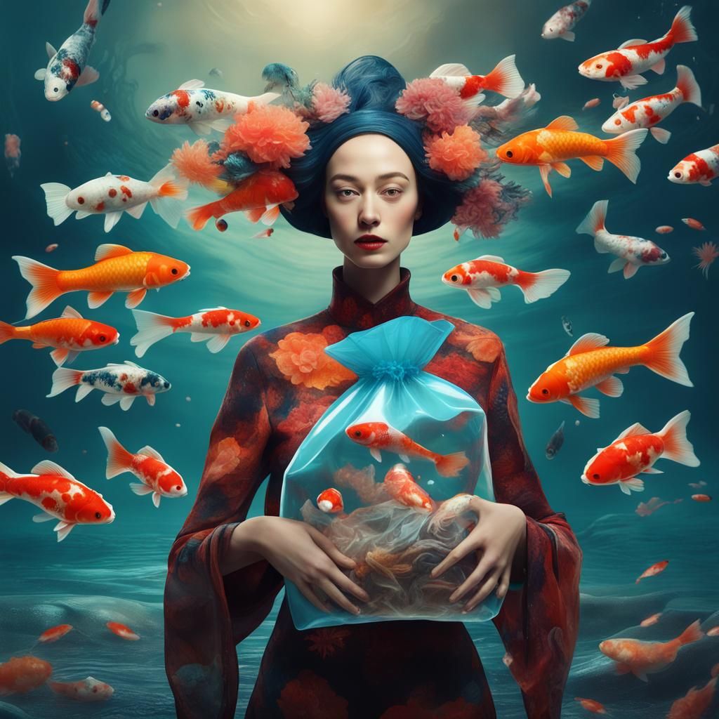 Surreal Almalfi Woman with Koi, Sea Monkeys