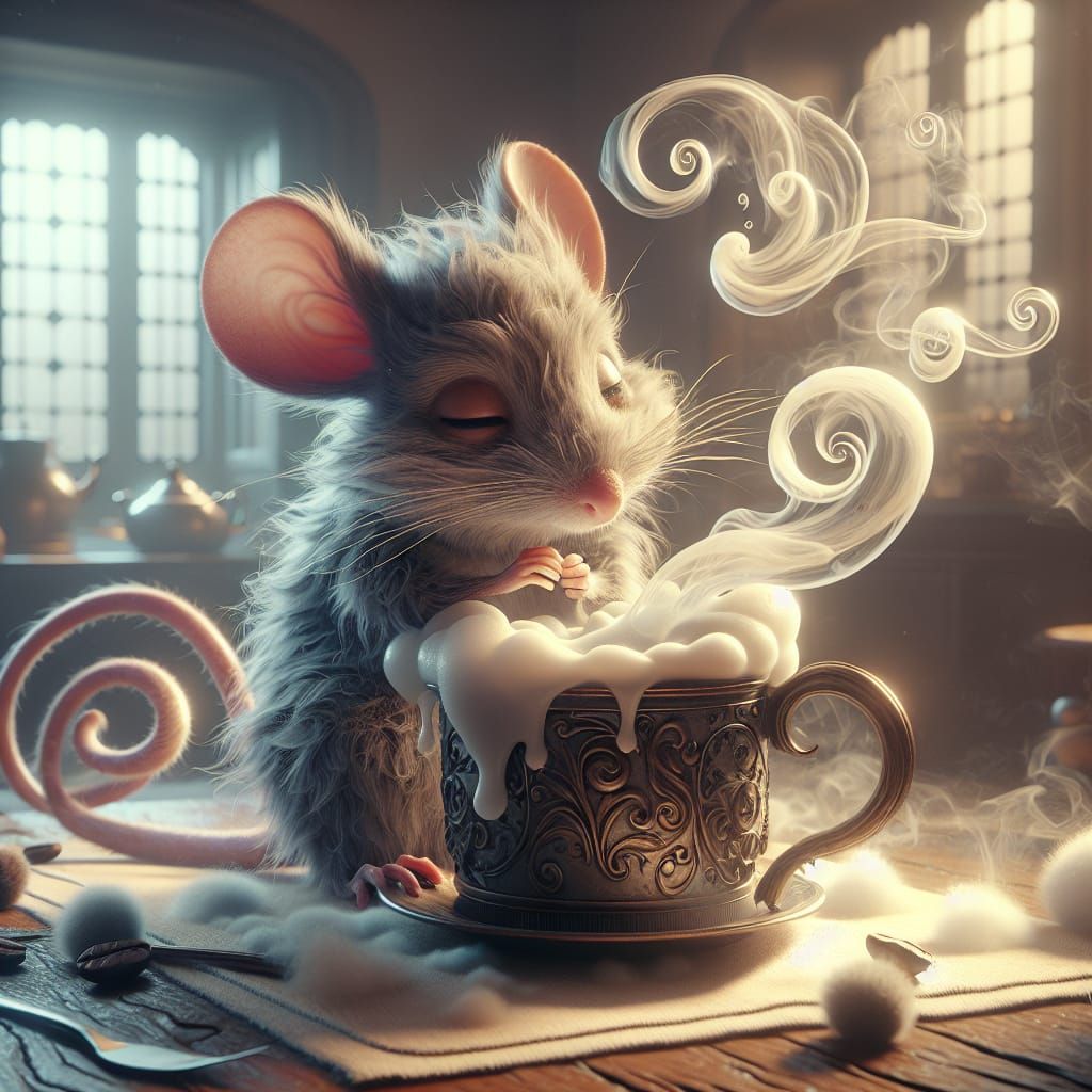 Mouse with Coffee: Dreamlike 3D Concept Art