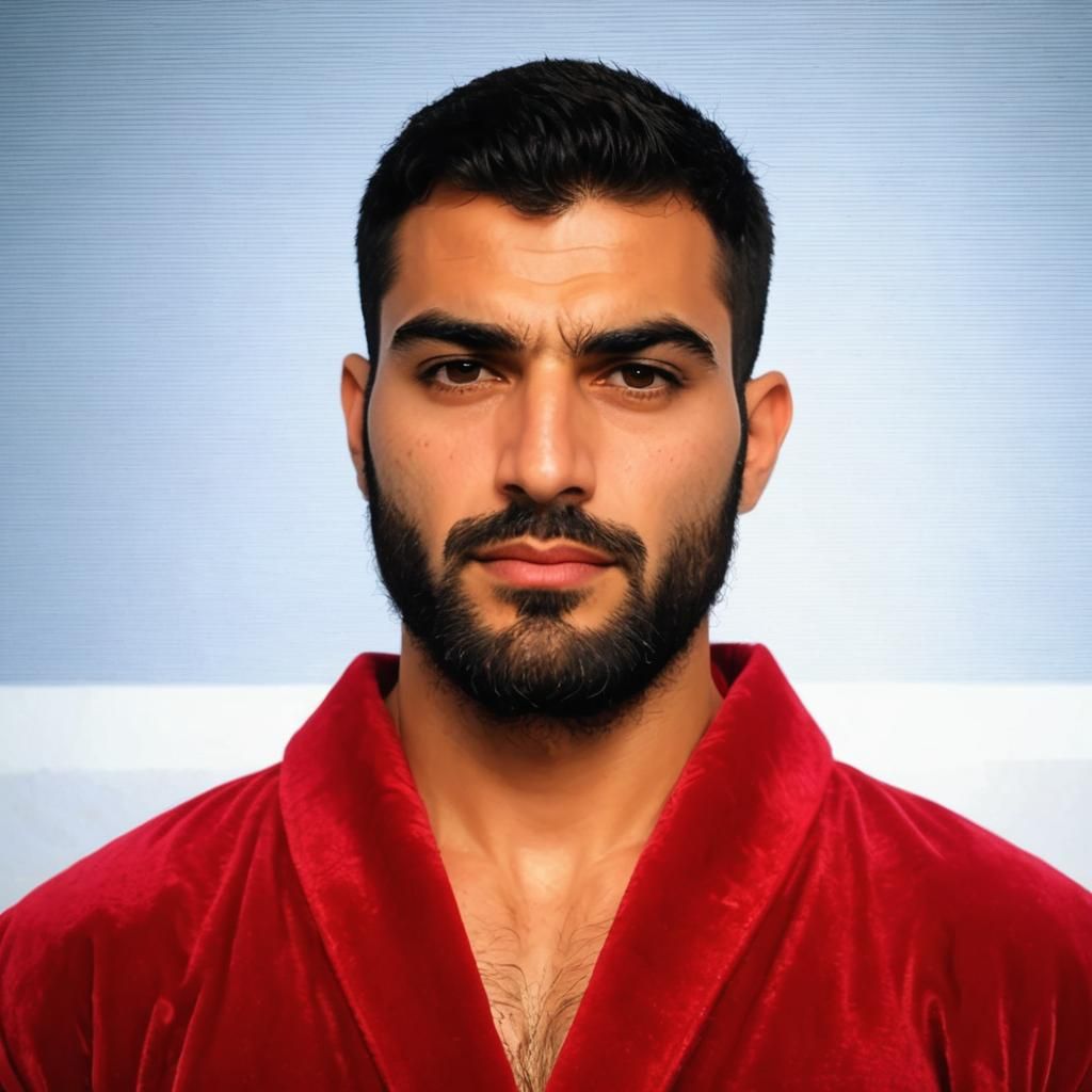 Hirsute Man in Red Velvet Robe: Impressionist Gouache Portra...