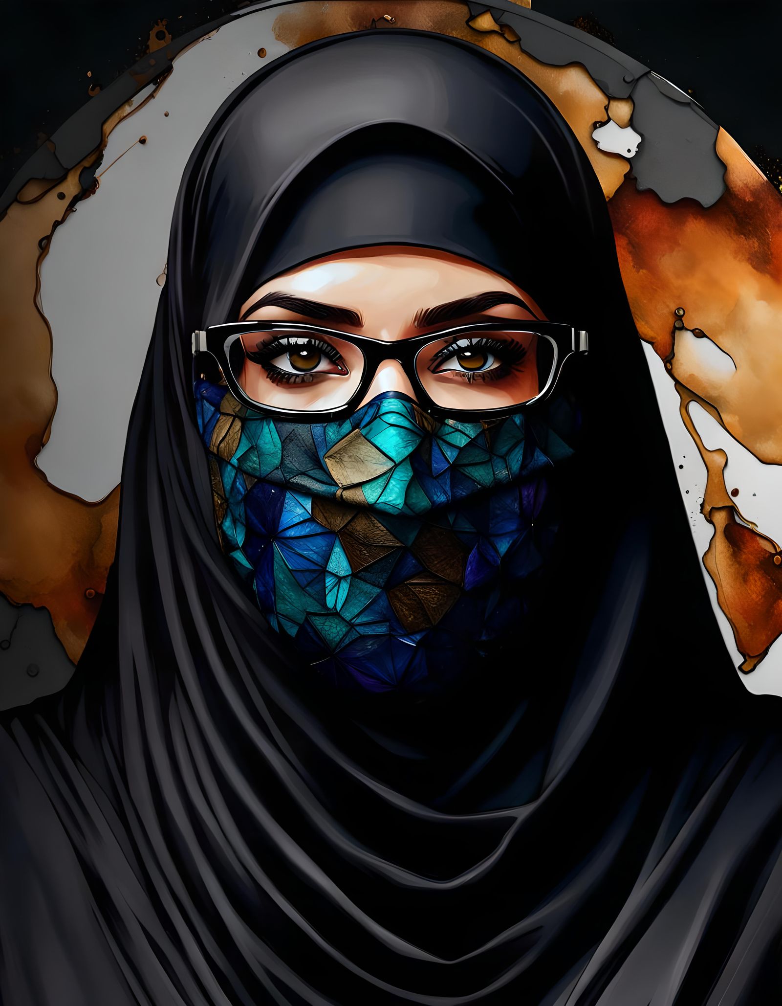 Middle Eastern Woman in Niqab, Alcohol Ink Portrait