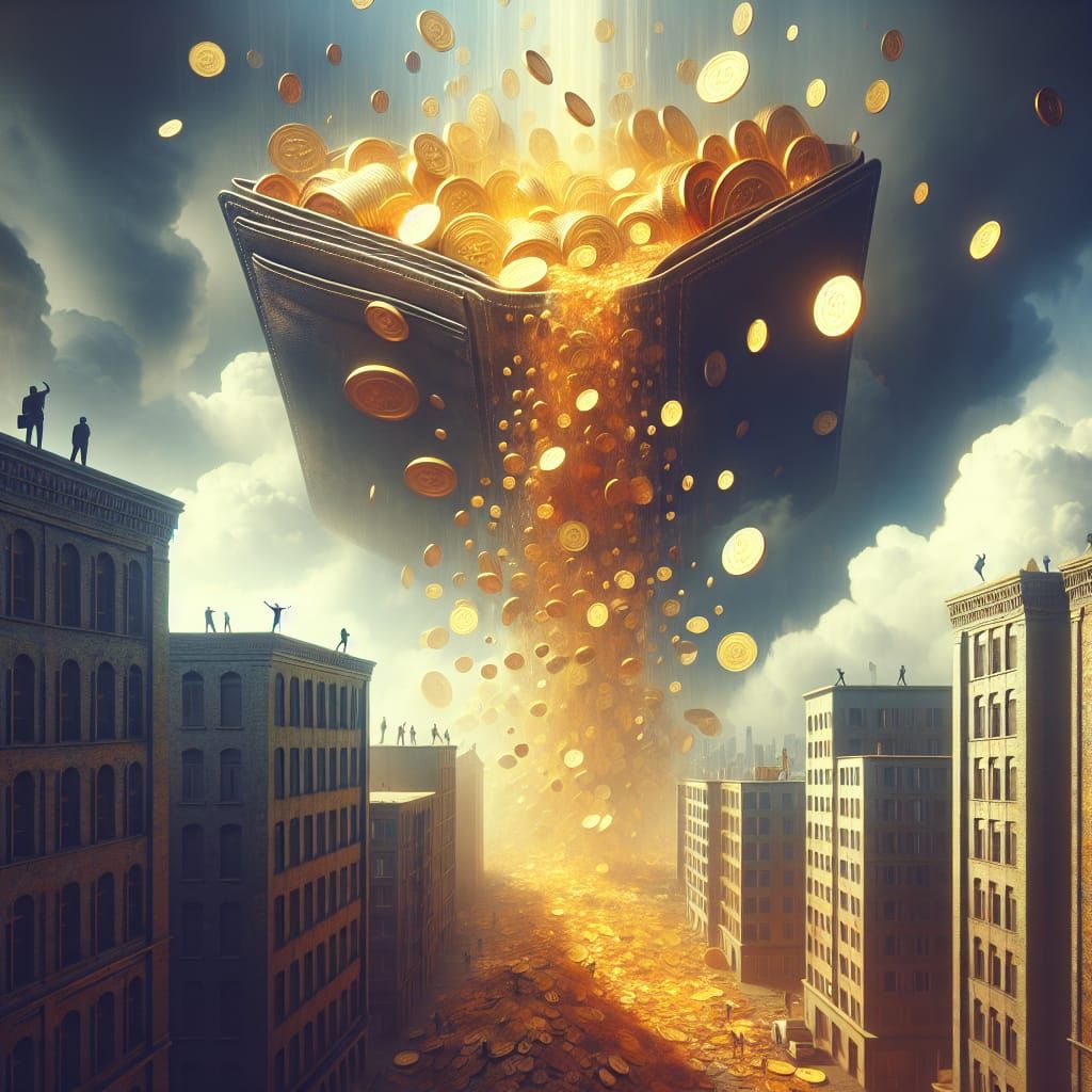 Surreal Rain of Coins from Torn Wallet