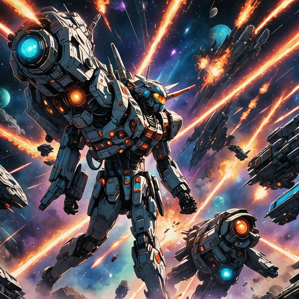 Sci-Fi Anime Spaceship Battle in Cel-Shading Style