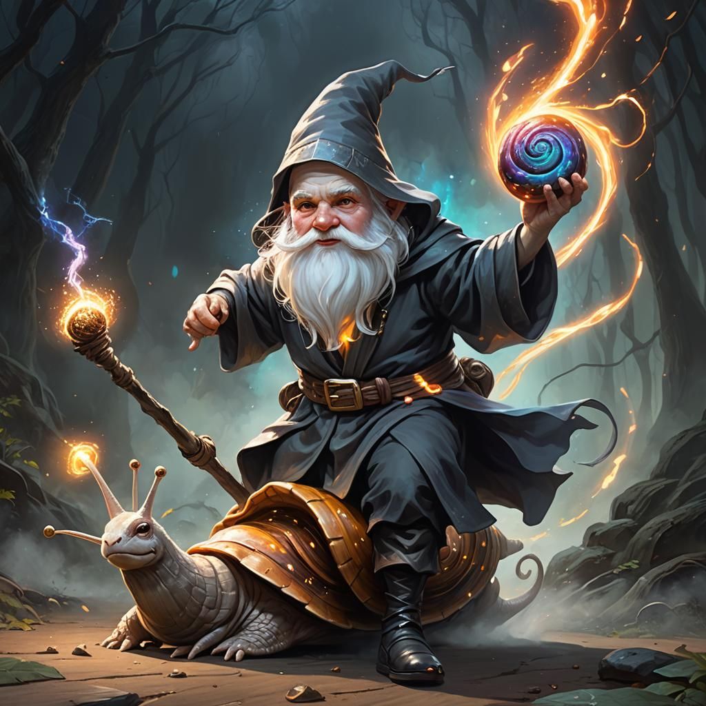 Gnome Wizard Rides Giant Snail: Fantasy Concept Art