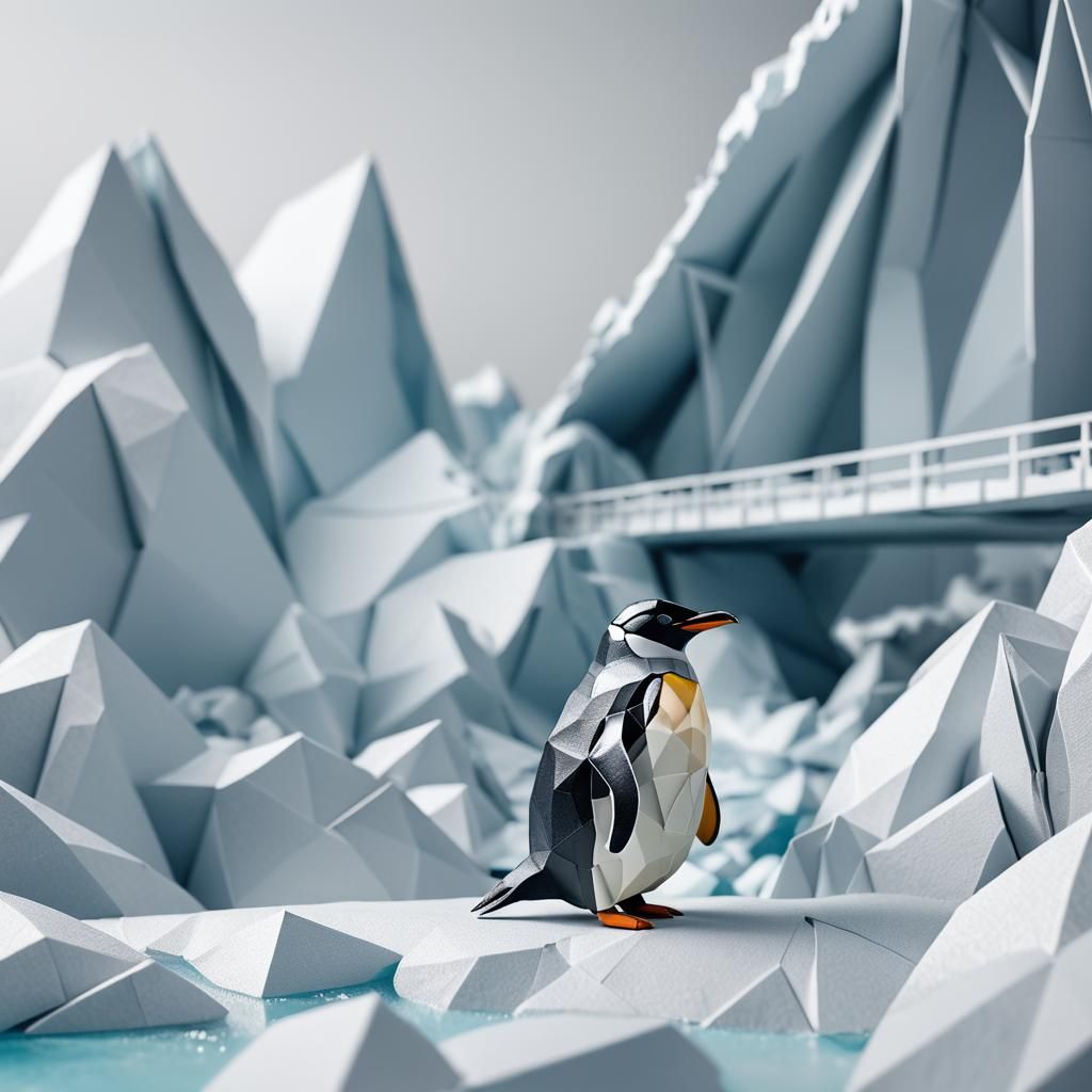 Origami Penguin Beside Iceberg Papercraft