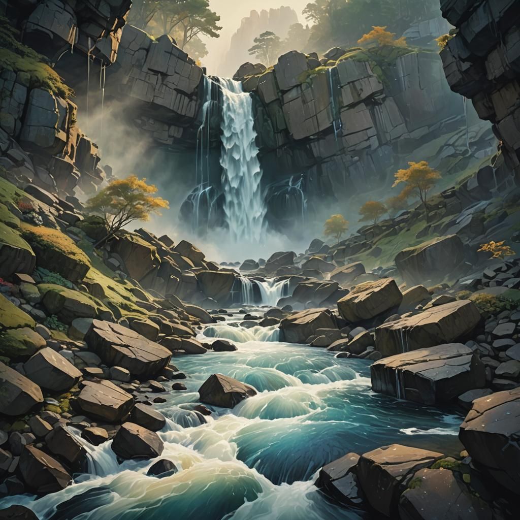 Serene Waterfall Landscape in Abstract Expressionist Style