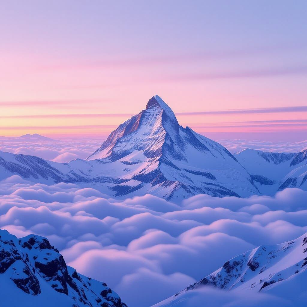 Snowy Mountain Peak at Dawn in Pink Light