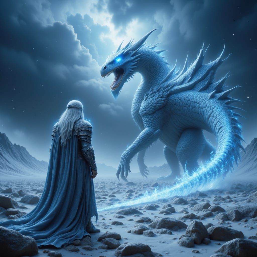 Knight Confronts Sleeping Ice Dragon in Epic Fantasy Landsca...