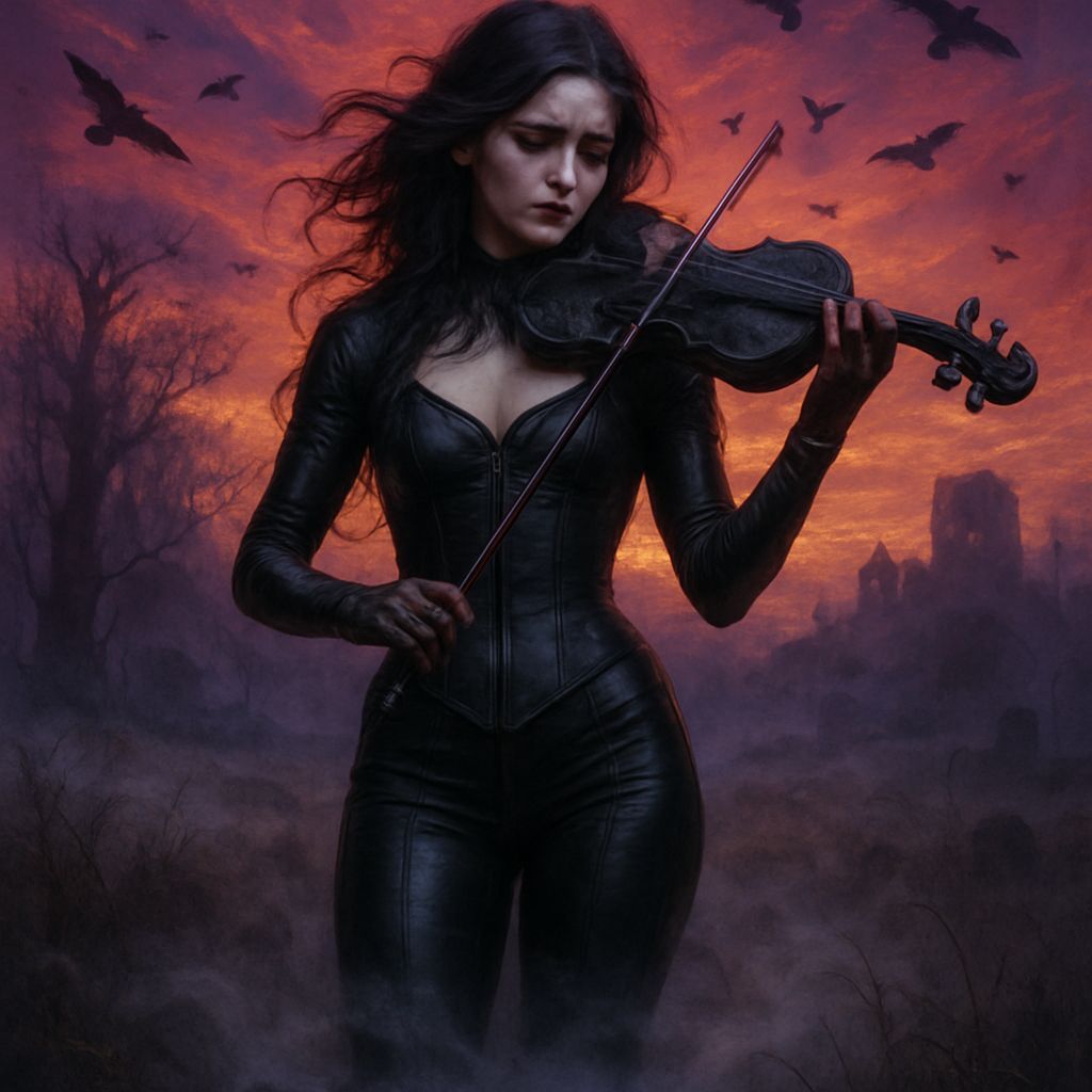 Gothic Woman Plays Violin in Haunted Field