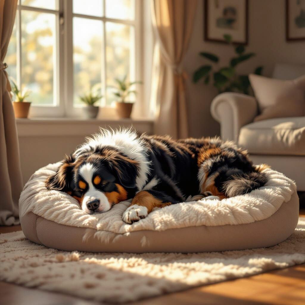 Fluffy Bernese Mountain Dog Sleeps Peacefully in Sunlit Room