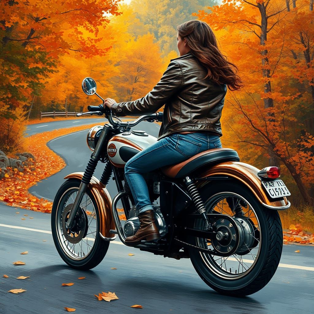 Biker on Autumn Road in American Realism Style