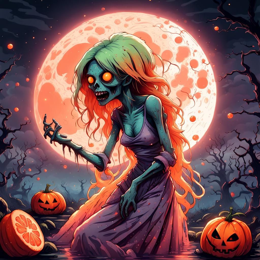 Creepy Zombie Strawberry with Orange Moon for Halloween