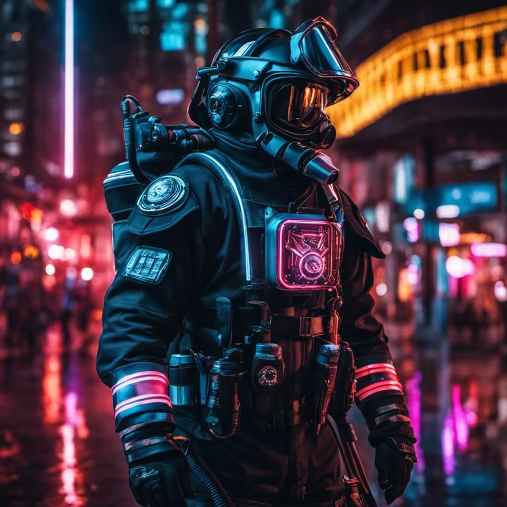 Neon-Armored Firefighter in Futuristic Cityscape
