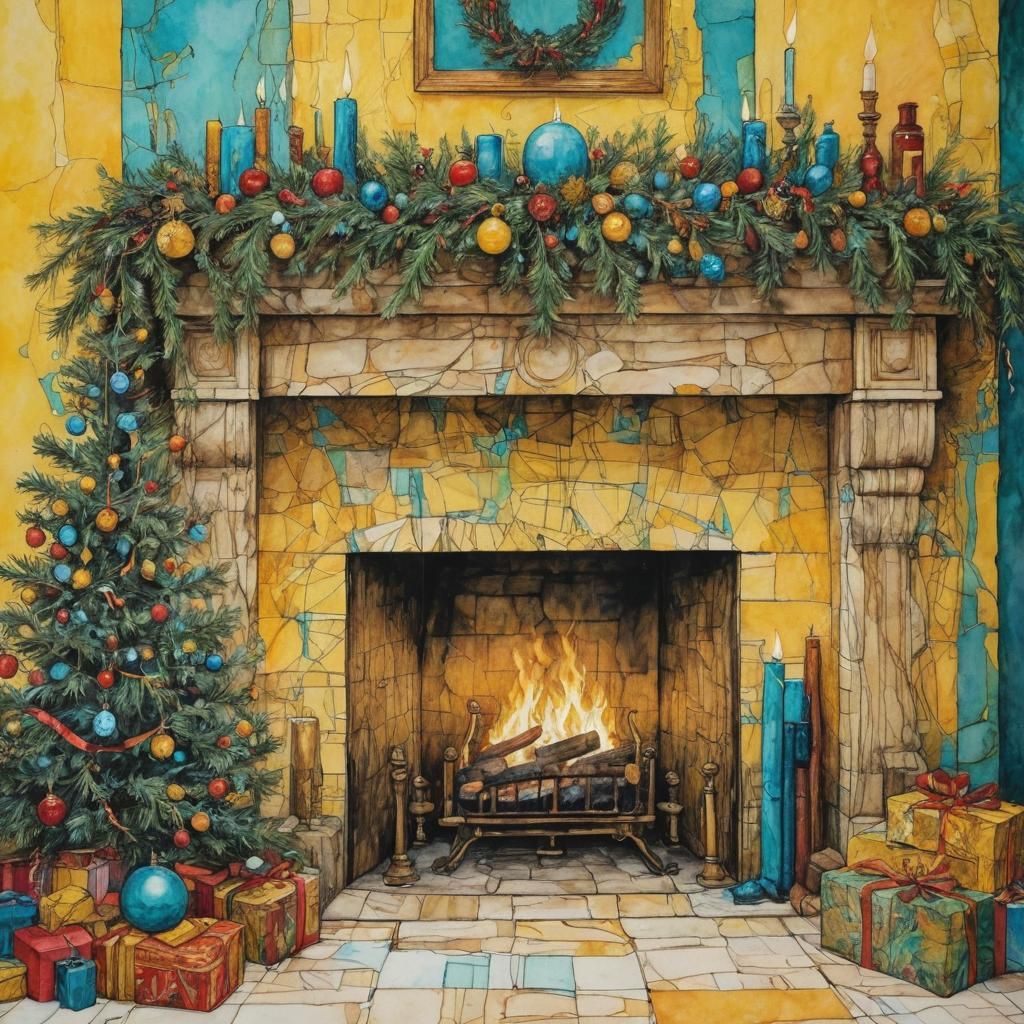 Art Nouveau Christmas Fireplace: Organic Line Drawing