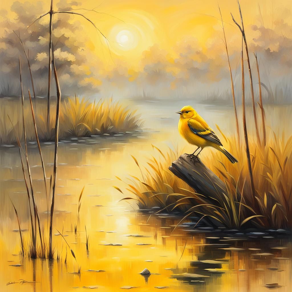 Yellow Bird in Foggy Swamp: Impressionist Oil Painting