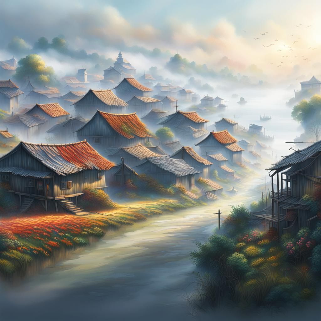 Village in Morning Fog: Hyperrealistic Splash Art