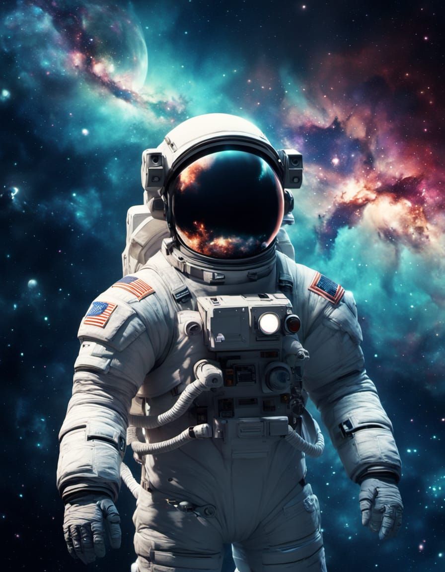 Astronaut Reaches for Galaxy in Vibrant Nebula