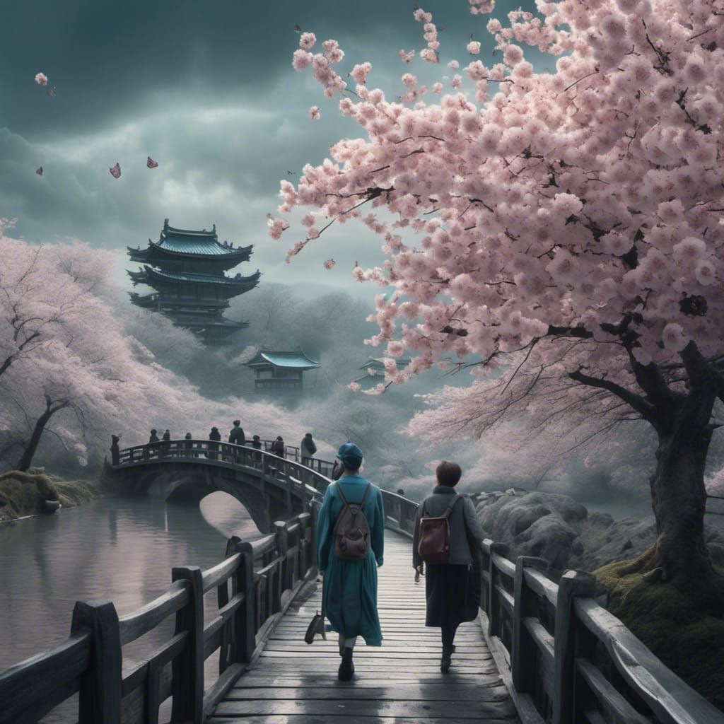 Cherry Blossom Bridge: Atmospheric Cinematic Film Still