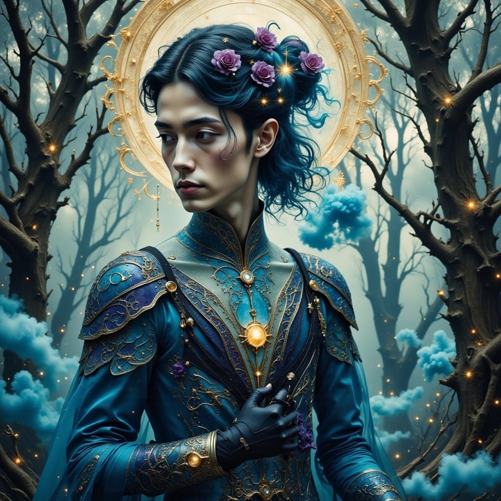 Surreal Elven Portrait in Magical Forest and Celestial Style