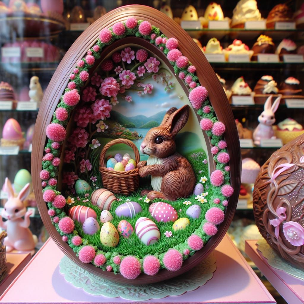 An intricately molded chocolate egg, and set inside,  in a pink frosted frame, a tiny Easter scene of a rabbit holding a...