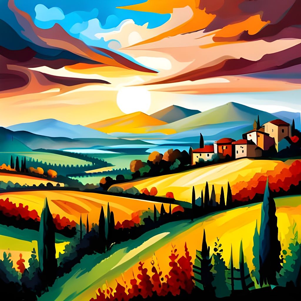 Scenic Tuscany Landscape with Vineyards, Vector Art