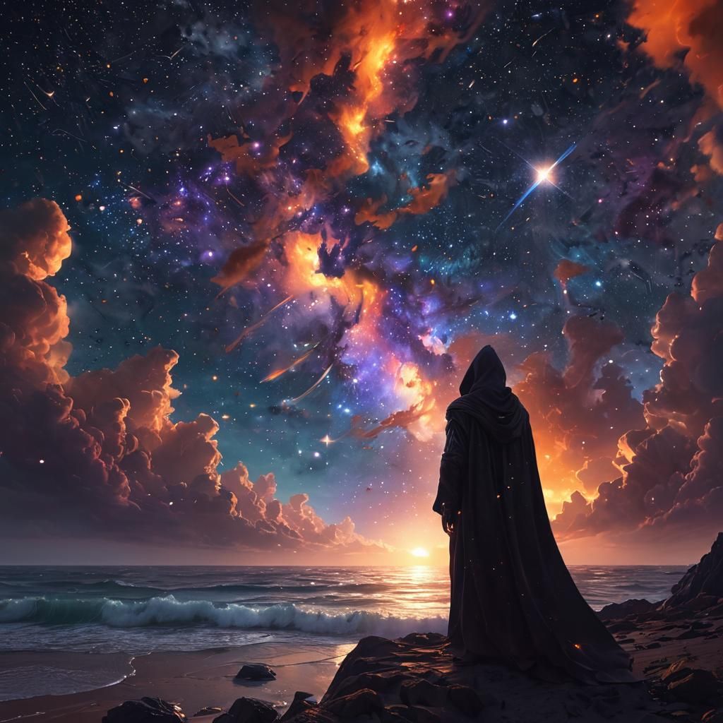 Mystical Cloaked Figure Gazing at Dreamlike Starry Sky