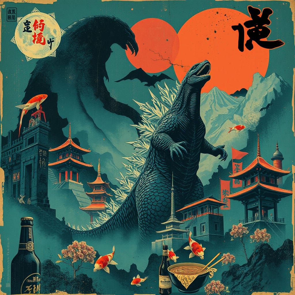 Godzilla in Surreal Noir Japanese Poster Style