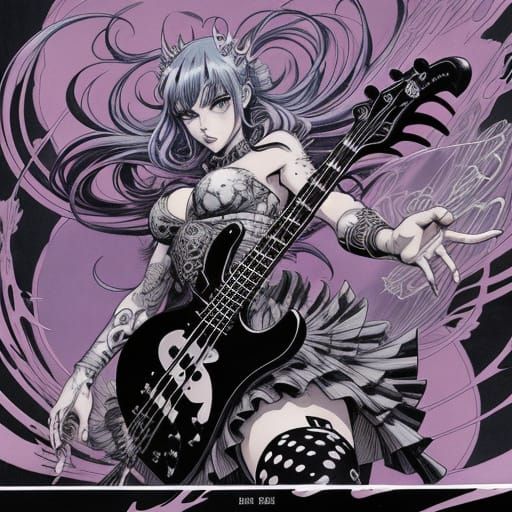 Vibrant Punk Princess on Bass Guitar in Flat Manga Style