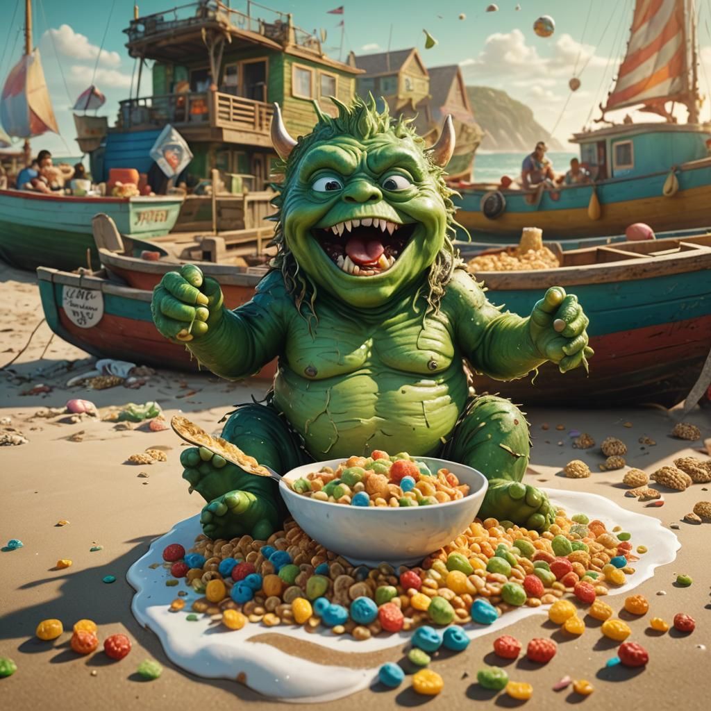 Green Monster Baby Eats Cereal: Hyperrealistic Splash Art