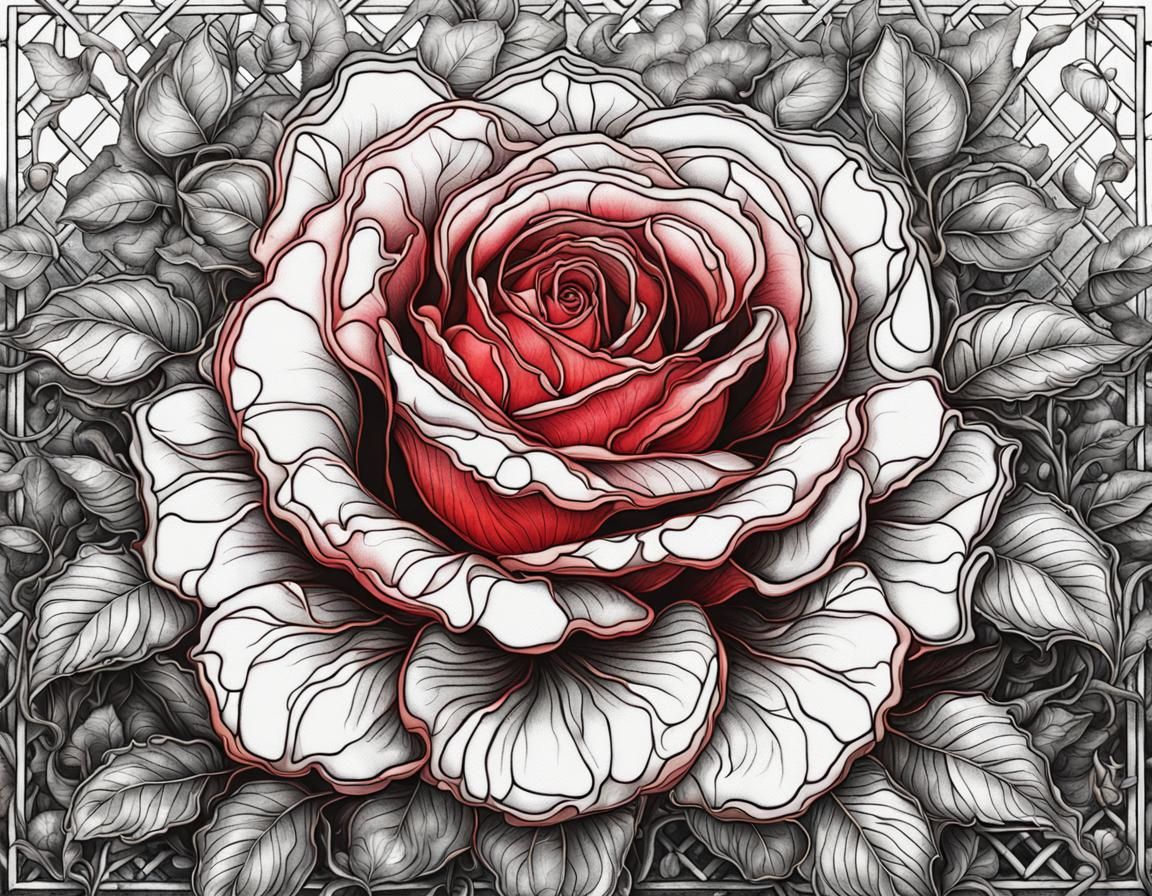 Hyperdetailed Red Rose Blossom on Trellis