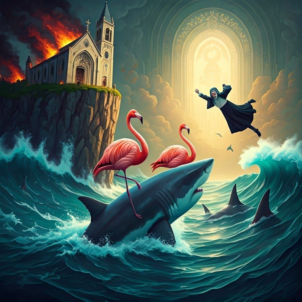 Vibrant Flamingos Ride Sharks Amidst Burning Church and Turb...