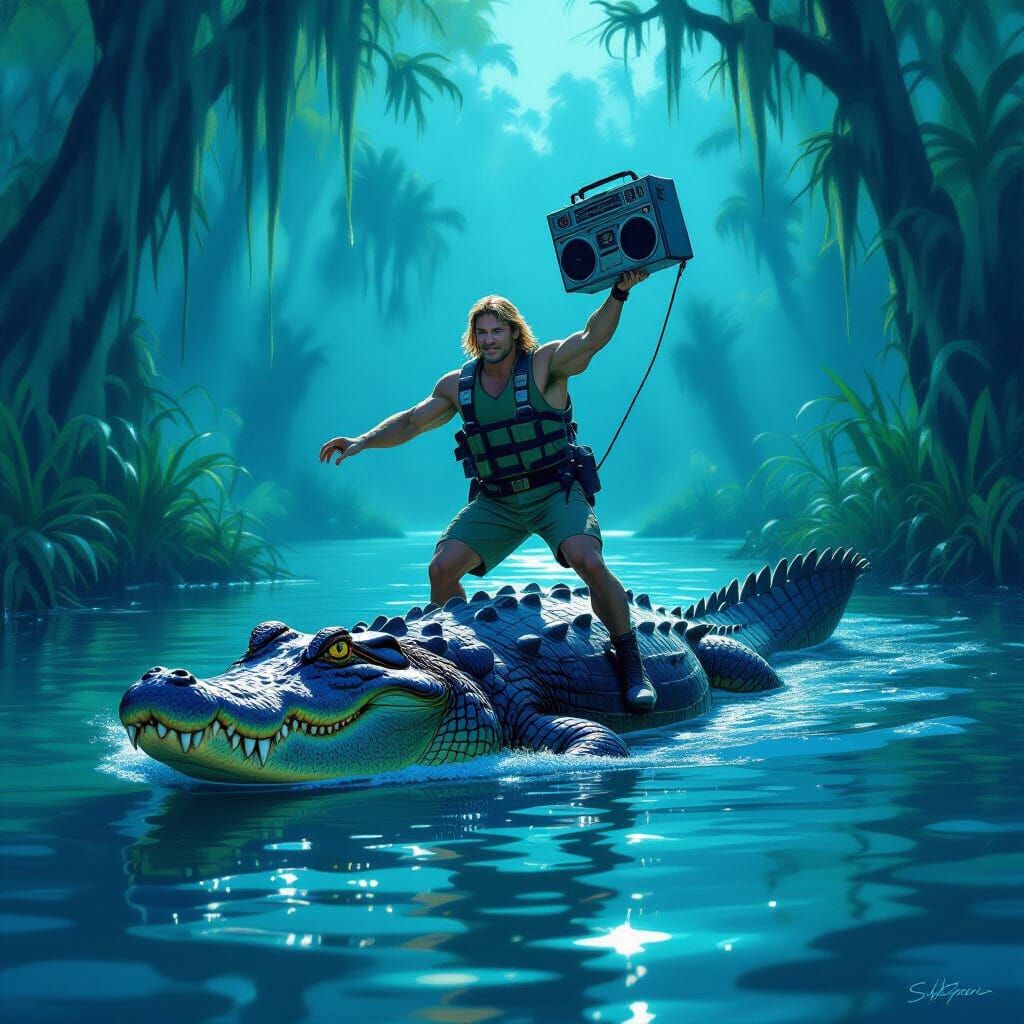 Steve Irwin Surfs Crocodile With Boom Box in Bioluminescent ...
