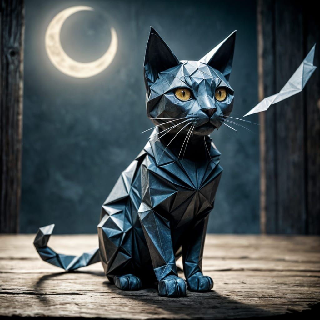 Origami Cat Awakens Under Crescent Moonlight