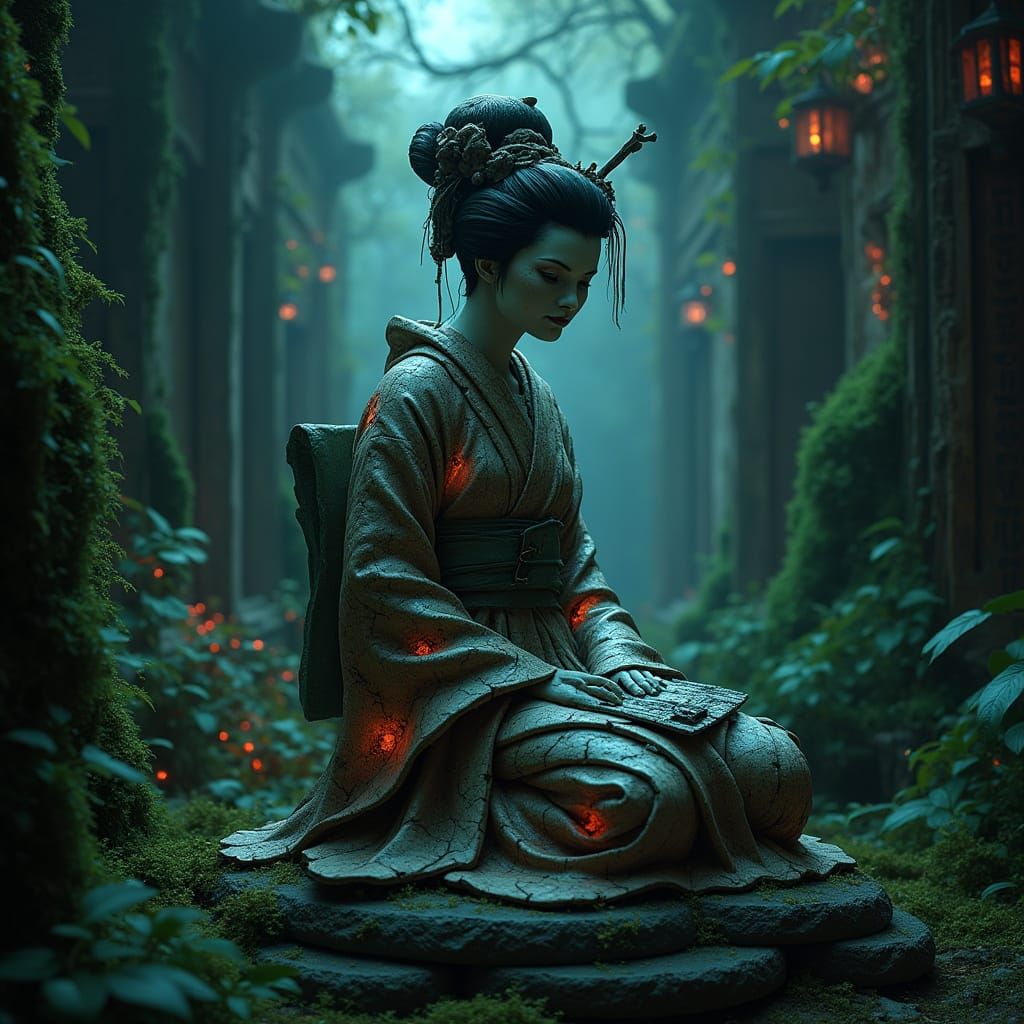 Forgotten Geisha Statue Discovered in Neon Jungle Temple