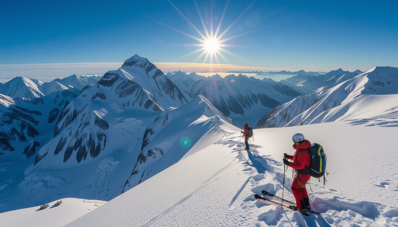 Mountaineers Ascend Glacier in Snowy Himalayan Landscape