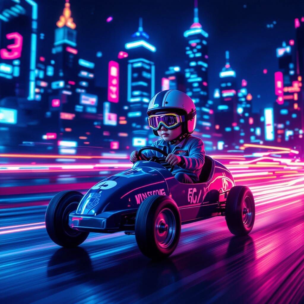 Boy Drives Soapbox Car in Neon Cityscape