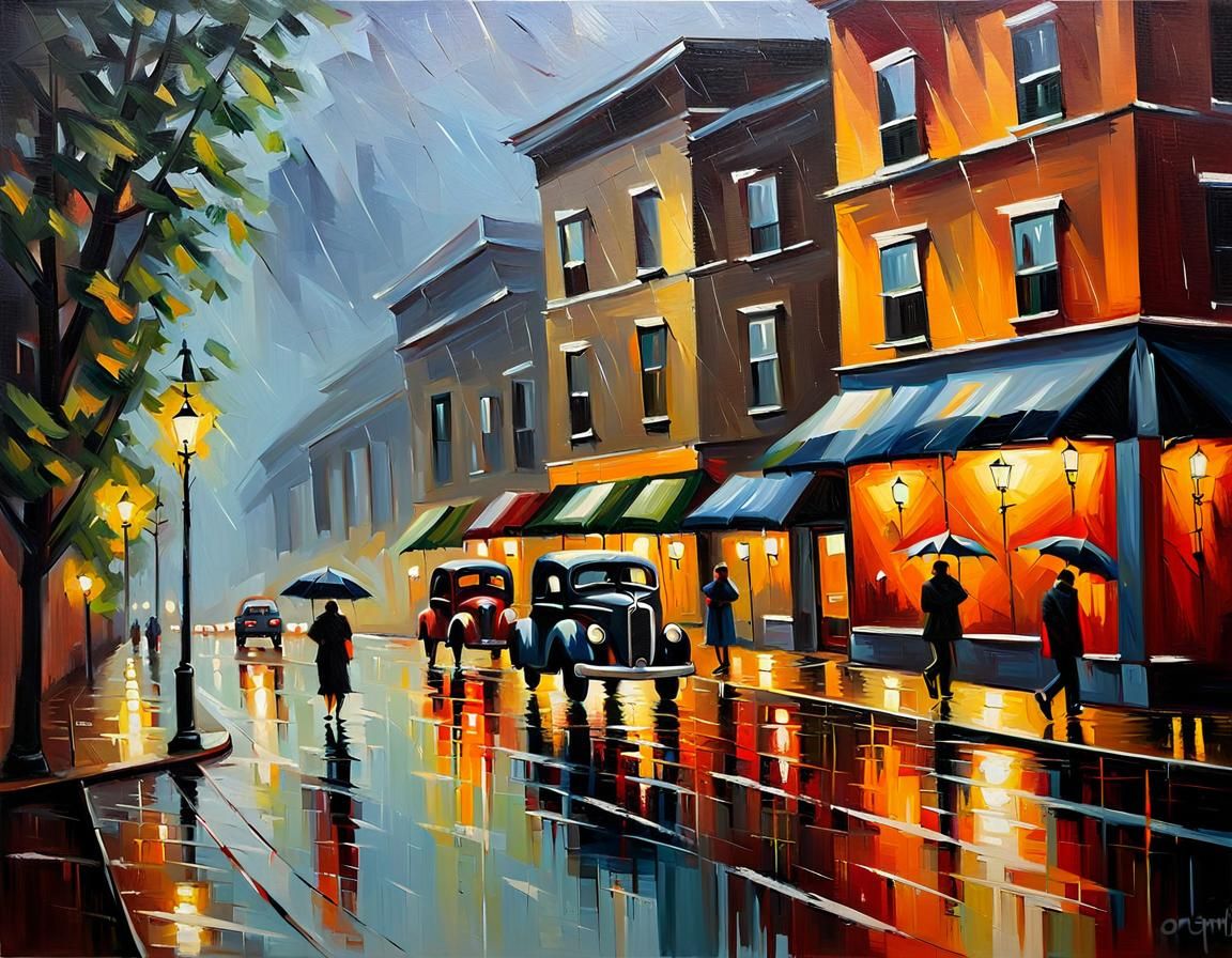 Rainy Evening Cityscape Oil Painting